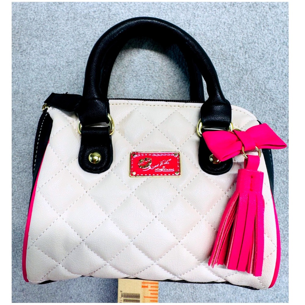 Luv Betsey Betsey Johnson Mini Satchel Cream Pink Black Quilted Bow Tassel